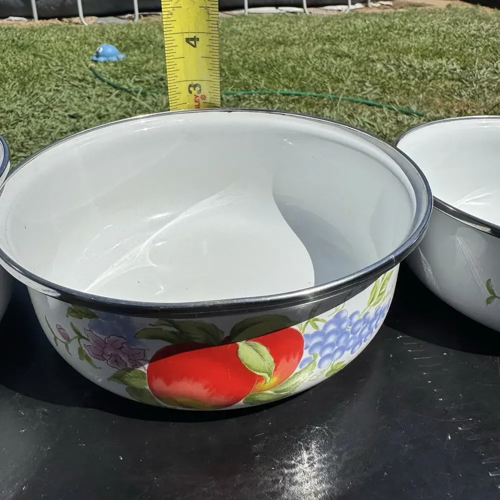 Vintage Apples Grapes Enamelware Nesting Bowl Set 3 White Metal Farmhouse Decor
